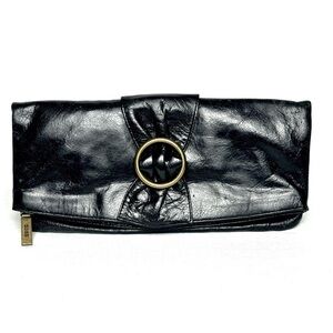 HOBO Black Leather Foldover Clutch with Bow & Brass Ring Accents EUC